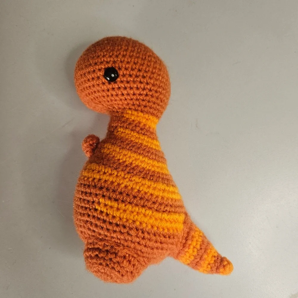 Crochet T-Rex Dinosaur‎ Plushie Orange Yellow Striped Amigurumi Stuffed Toy